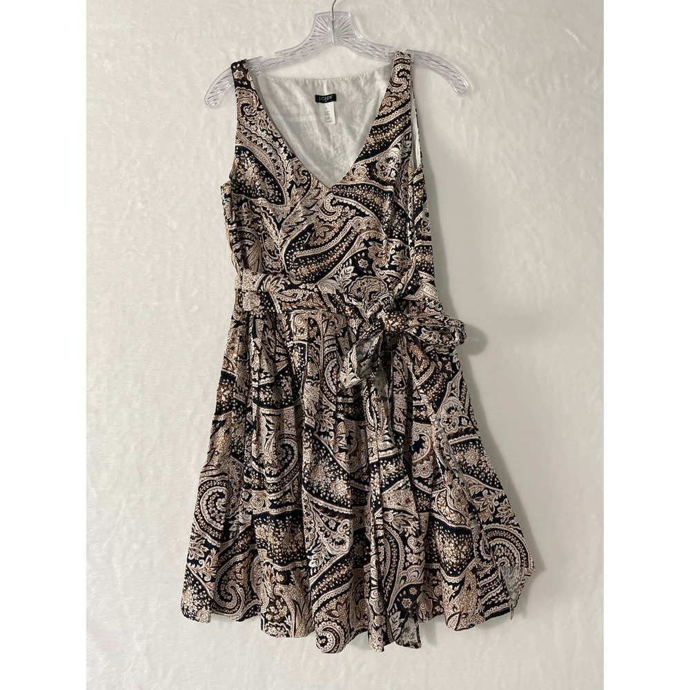 J.Crew Womens Paisley Fit and Flare Dress Black Tan Cotton Sleeveless Size 4